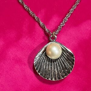Sterling-tone Mermaid Shell Pendant Necklace with Pearl Accent - 17 1/2”-